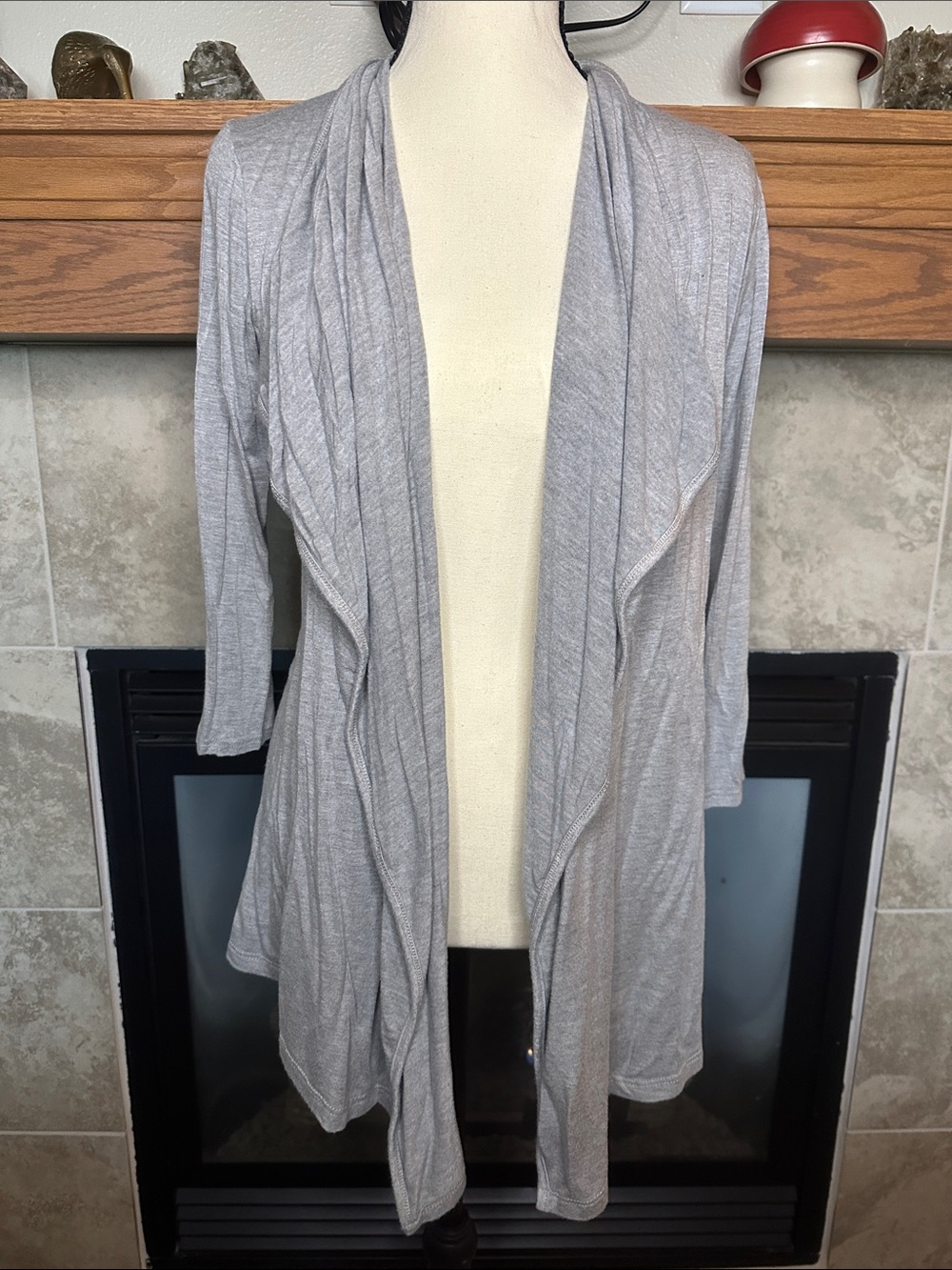 Gray Open Front Asymmetrical Drape Cardigan Size M Soft Lightweight Stretch